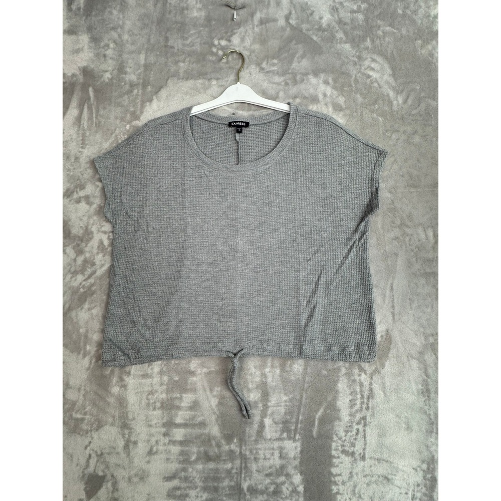 EXPRESS Grey Waffle Knit Cropped Drawstring Top Short Sleeve Women's M